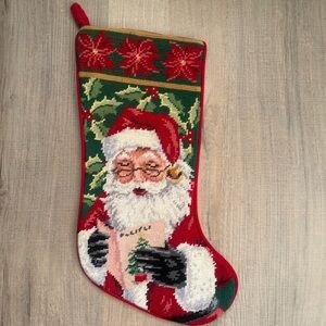Holiday Decor Needlepoint Santa Christmas Stocking with Velvet Back